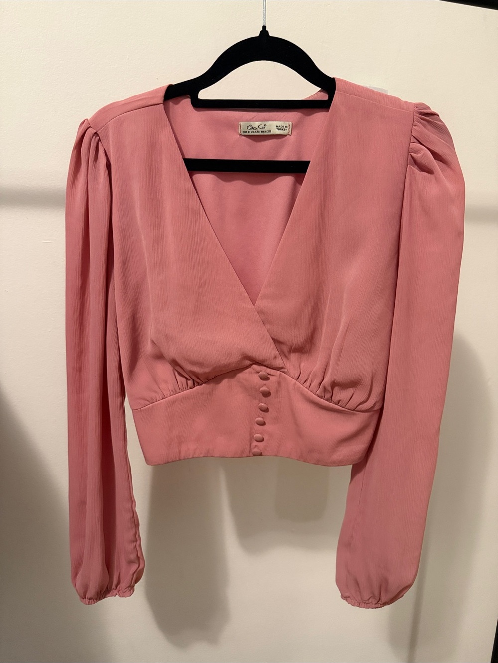 Women's Blush Pink V-Neck Buttoned Waist Blouse